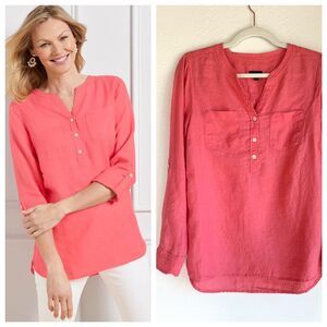 NWOT Talbots Womens Side Button 100% Linen Band Collar Popover Lovely Coral Pink